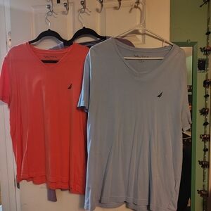 Nautica Men's V-Neck T-Shirt - Coral and Light Blue